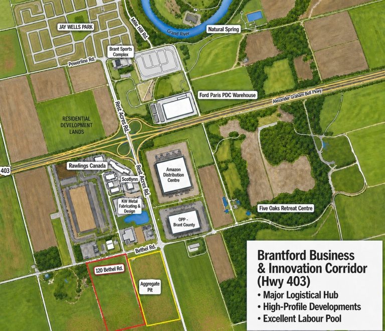 100-acre parcel of land located just off the southwest corner of Bethel Road and Hwy 24, and 1.4 kms south of Hwy 403 access.